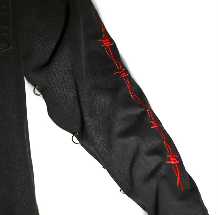 

Harajuku Gothic Demon Hunter Skull Black Denim Jacket Men Rock Punk Heavy Metal Sweatshirt Sudadera Suspenders Hole Streetwear