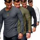 Мужская Однотонная футболка с длинным рукавом, повседневный облегающий пуловер с длинными рукавами и плиссировкой, базовая одежда, весна 2021
