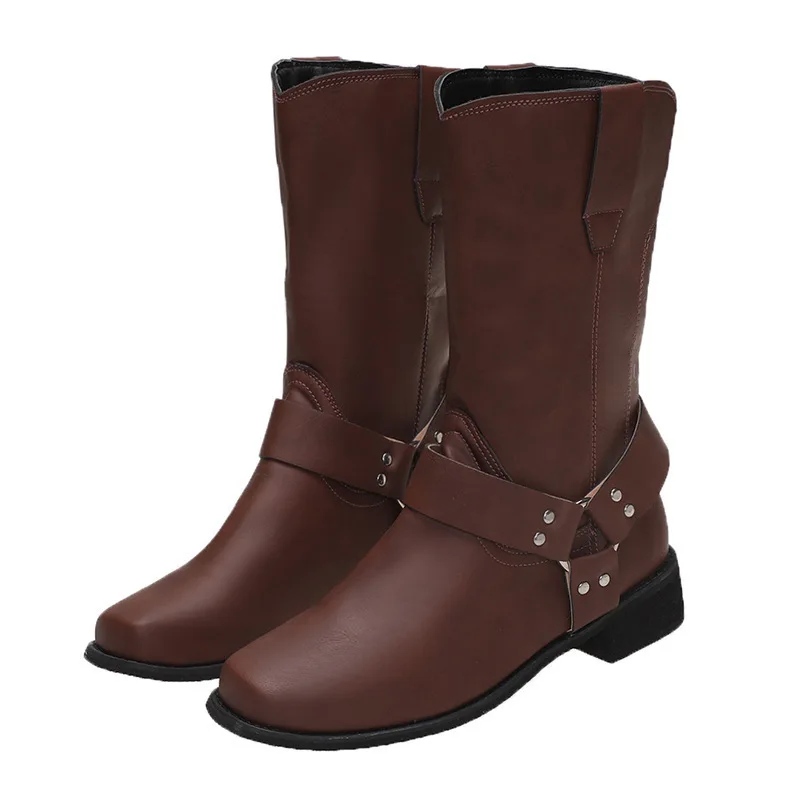 

2021 Women's Boots European and American Autumn and Winter Thick Heel Mid-tube Women's Boots Square Toe Belt Buckle Rider Boots