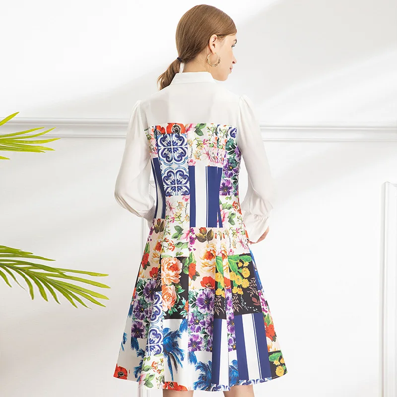 

2021 Spring Summer Dress Knee Length Long Sleeve Empire Crew Neck Flora Print Fashion Dress White