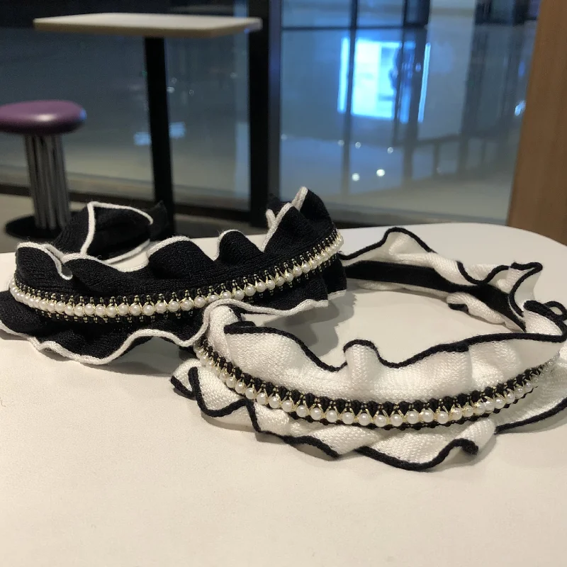 

Cute Frilled Edges Pearls Hairband Beads Fabric Knitted Handmade Headband Women Girls Fashion Black Hair Band Hoop Accessories