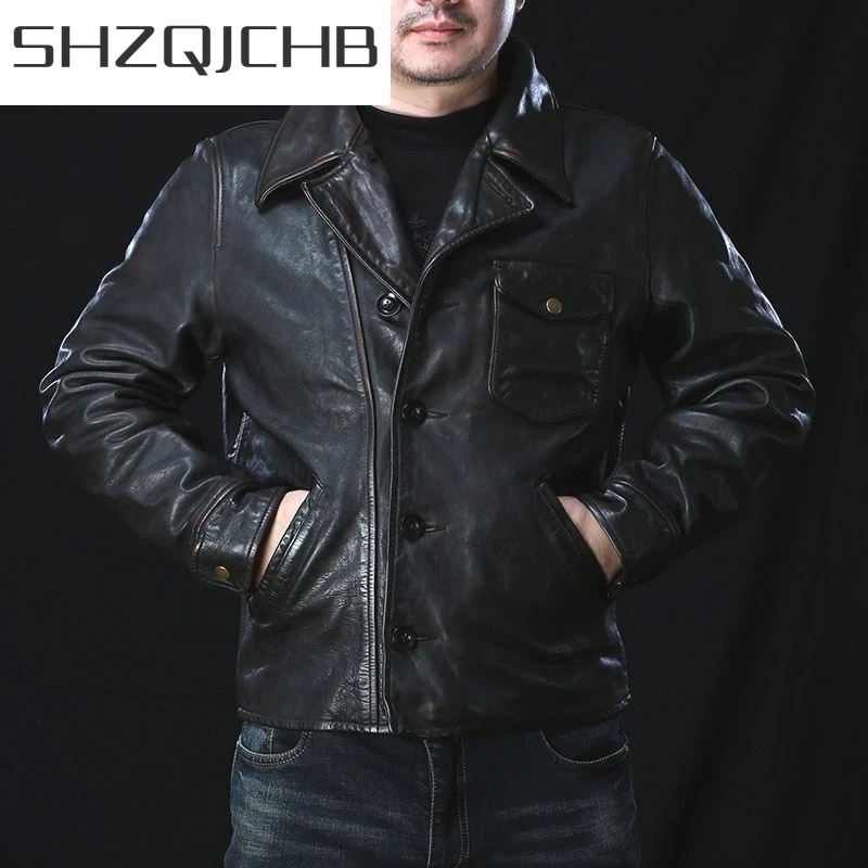 

JCHB 2021 Vintage Motorcycle Bikers Jacket Men Brand High Quality Single Breasted Horsehide Genuine Leather Coat Slim Fit Casual