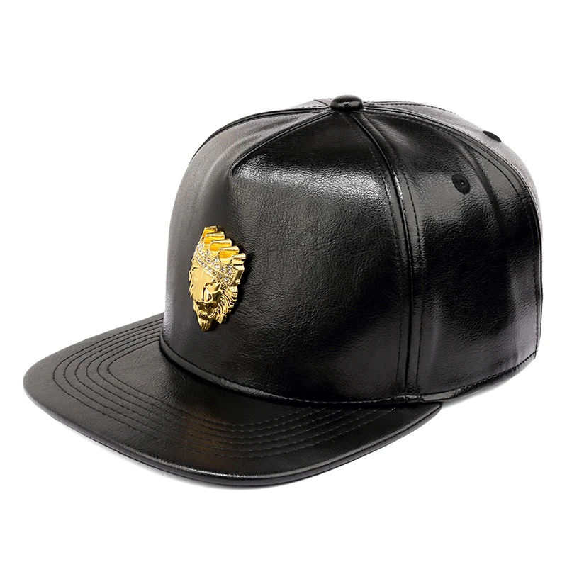 Black Leather Cap Crown Lion Head Logo Novelty Adjustable Snapback Hats Gorras Hip Hop Style for Women Gold Belt Drop Shipping