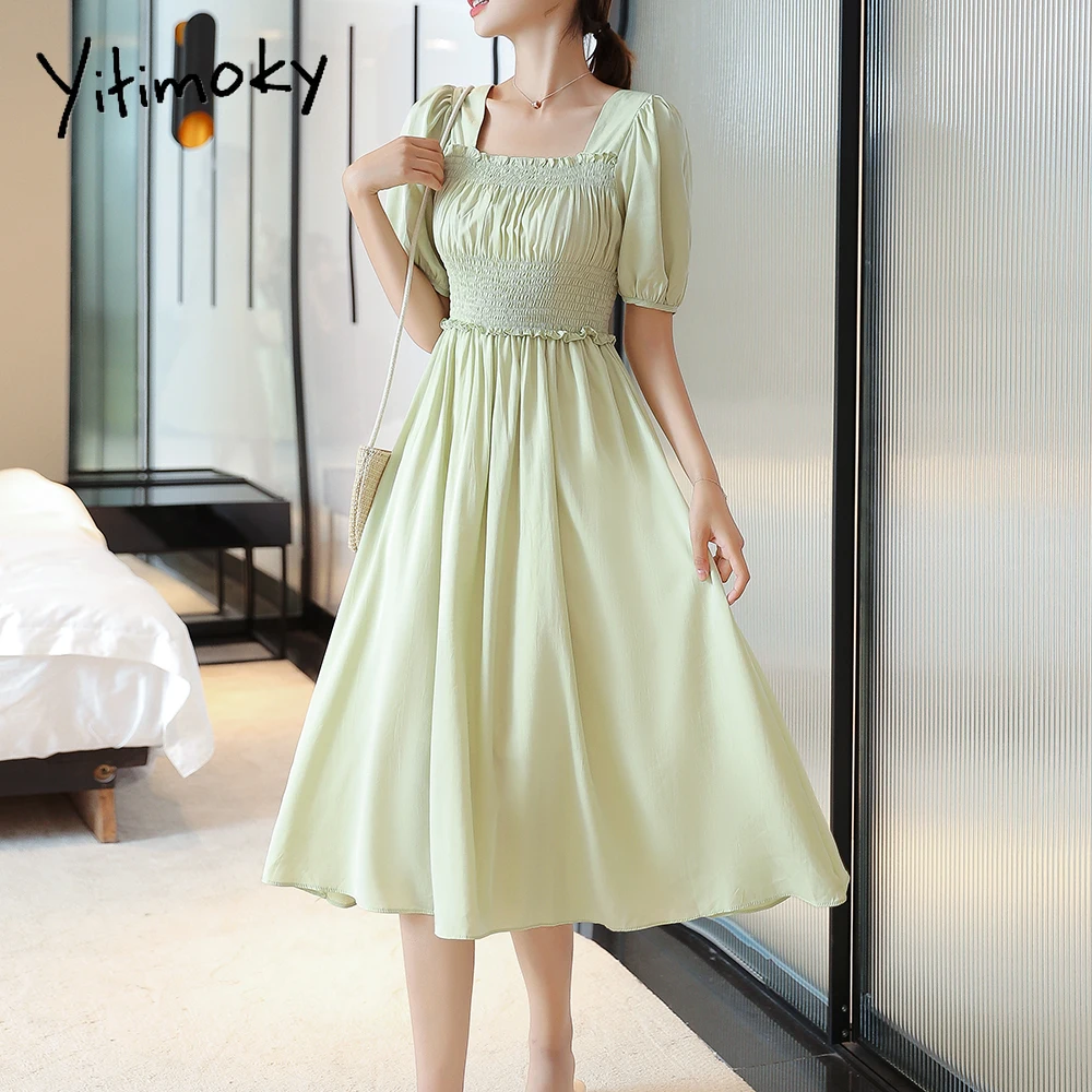 

Yitimoky Ruffles Woman Dress Summer New Puff Sleeve Korean Clothing Solid Square Collar Mid-Calf Casual Cute Sweet Girls Dress