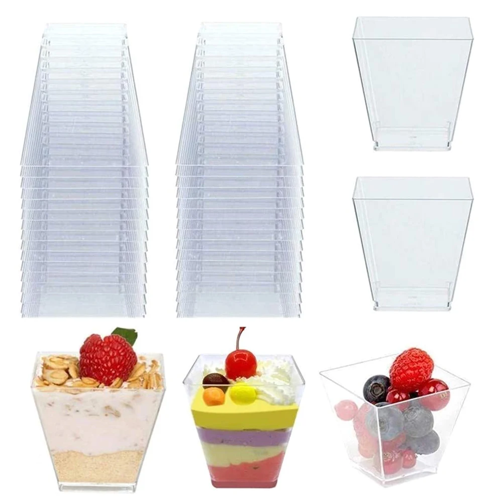 

50pcs 60ml Disposable Plastic Cups Clear Portion Transparent Trapezoidal Food Container for Jelly Yogurt Mousses Dessert Baking