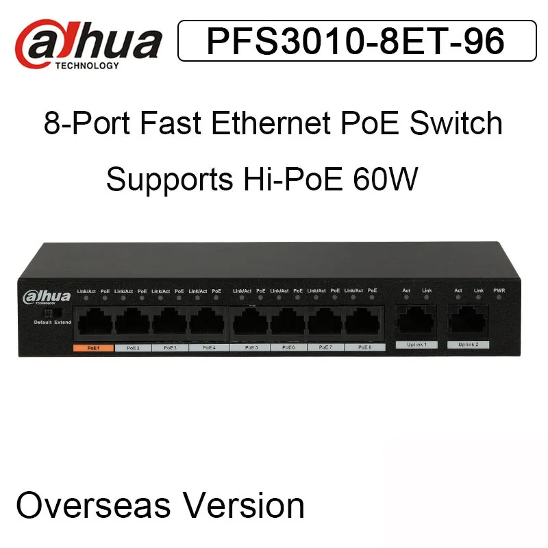 dahue коммутатор питания через Ethernet PFS3010-8ET-96 8-Порты и разъёмы Fast Ethernet коммутатор питания через Ethernet 10/100/1000 Мбит/с sup Порты и разъёмы Hi-POE DH-PFS3010-8ET-96