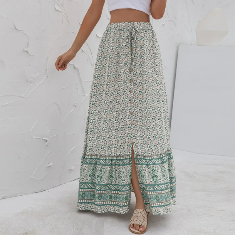 

Women Summer Long Floral Print Skirt High Waist Casual Beach Skirt Ladies Button Ankle-Length Skirt платье летнее женское