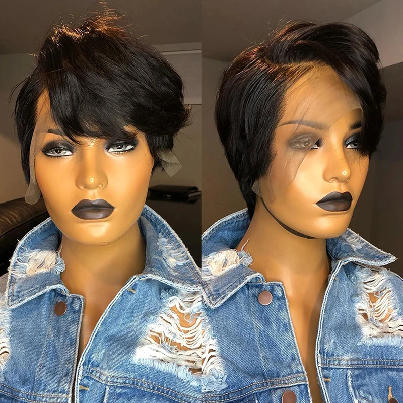 Короткая парикмахерская парик-каре XQ из малайзийских прямых человеческих волос с кружевным передним краем 13X6x1 HD прозрачные реми предварительно разрывает.