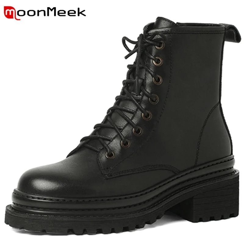 

MoonMeek 2022 New Ladies Shoes Fashion Hot Sale Ankle Boots Zipper Lace Up Women Winter Boots Comfortable Genuine Leather Boots