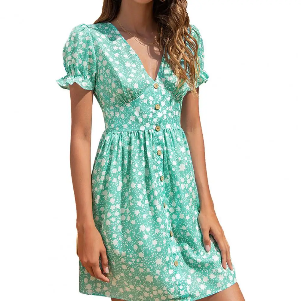 

Sweet Style Casual Dress A-line Small Floral Print Soft Puff Sleeves V Neck Back Elastic Waistband Women Dress for Daily Wear