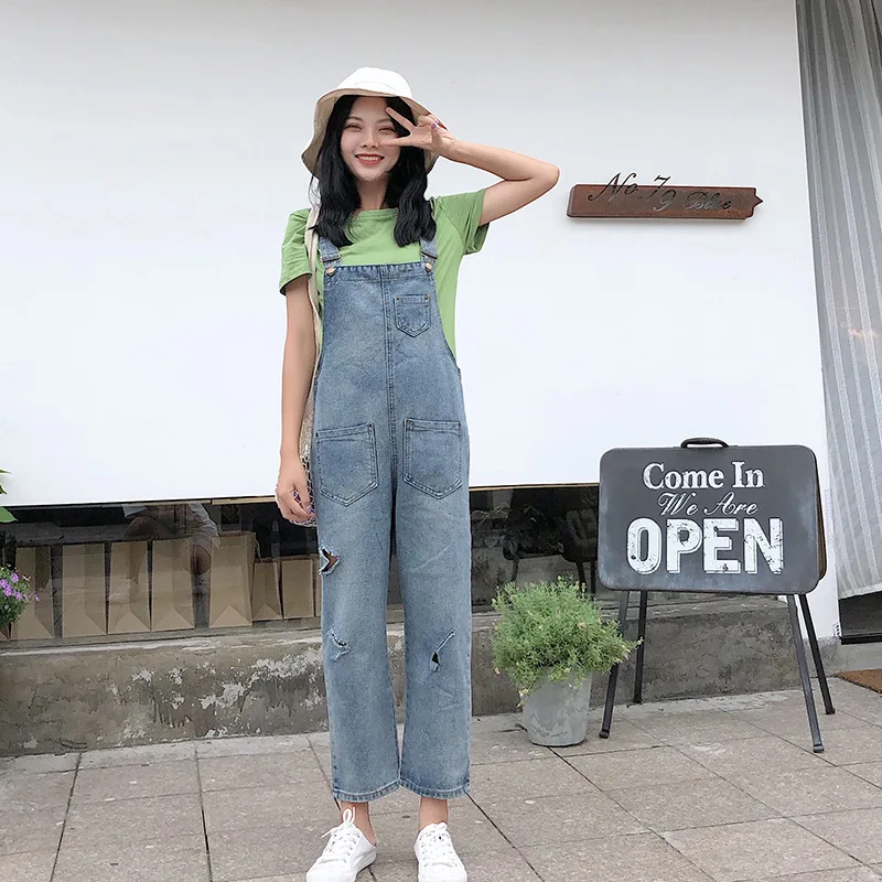 Комбинезоны женские джинсовые комбинезоны 2019 свободные отбеленные рваные