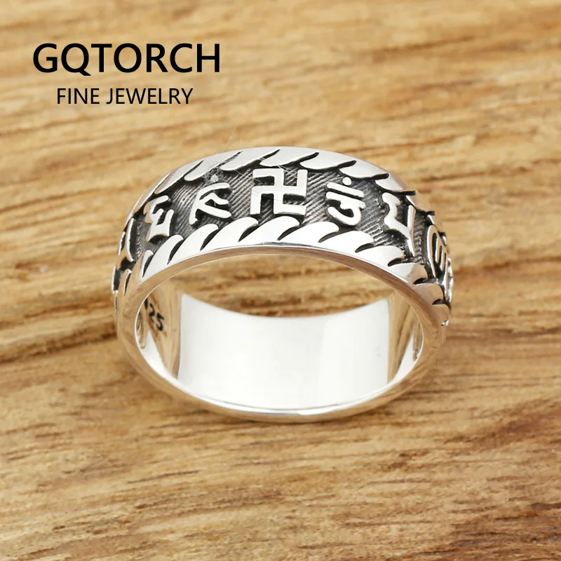 Om мани падме ГУМ кольцо мантра винтажный Тибетский тип 100% Настоящее чистое 925 пробы серебряные ювелирные