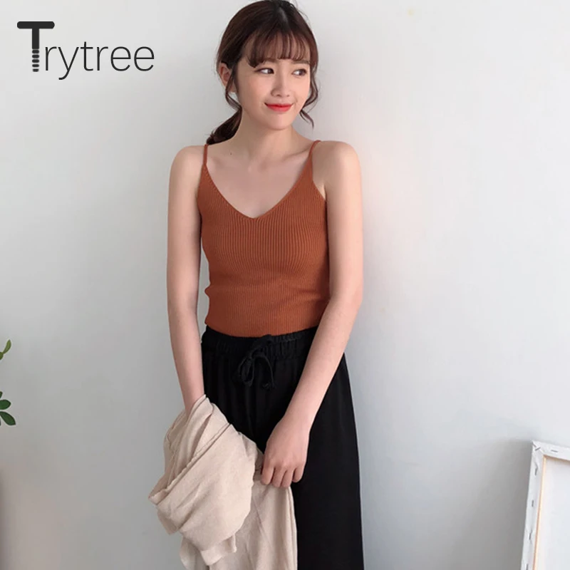 Trytree весенние сексуальные майки Женский Топ жилет с v образным вырезом вязаные