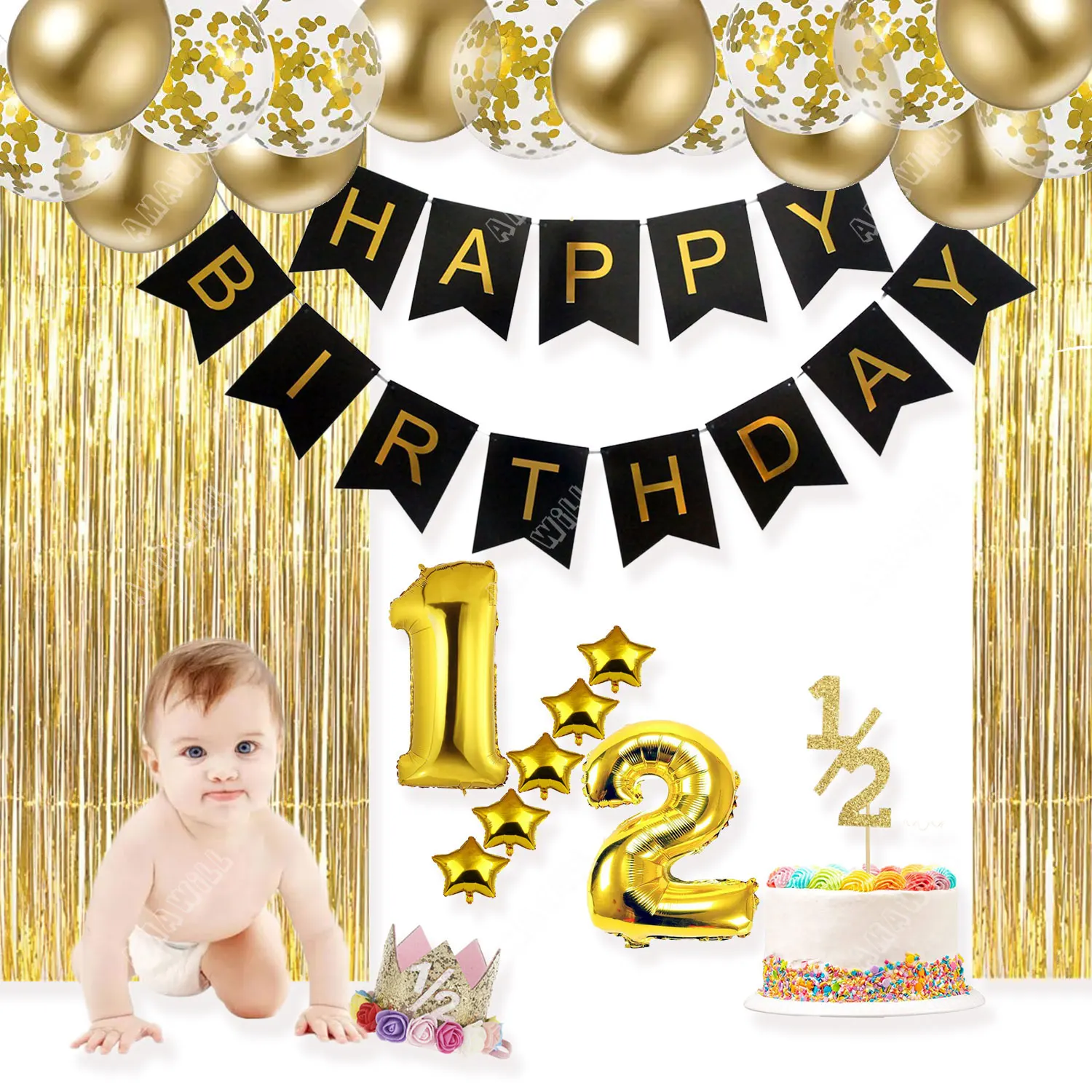 

Half Year Birthday Party Decorations 6 Months Happy Birthday Banner 1/2 Cake Topper And Hat Balloons Foil Tassel for Baby Shower