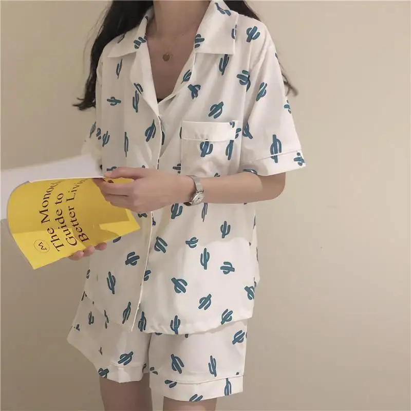 

QWEEK Korean Style Sleepwear Women Cactus Print Pijama Summer 2021 Pajamas for Girls White Set 2 Piece Short Sleeve Loungewear