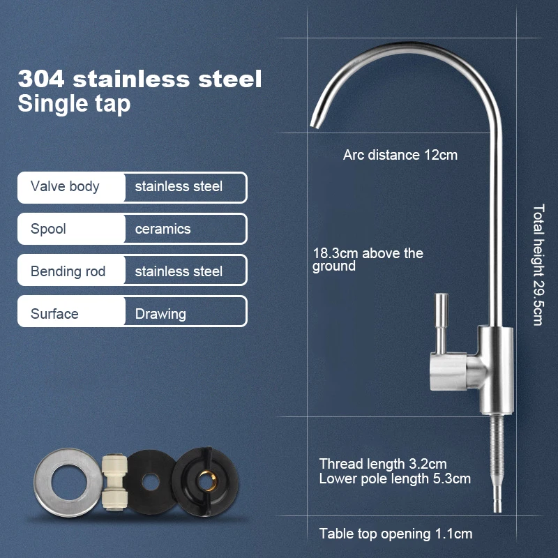 

304 Stainless Steel Kitchen Water Filter Faucet Chrome Plated 1/4 Inch Connect Hose Reverse Osmosis Filters Parts Purifier