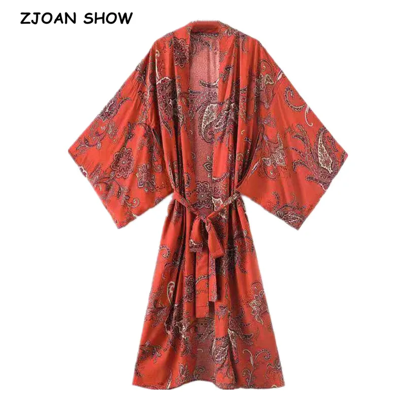 

2021 Bohemian Women Carol Paisley Floral Print Kimono Cardigan BOHO Beach Tide Bow Sashes Maxi Long Shirt Blouse Holiday Tops