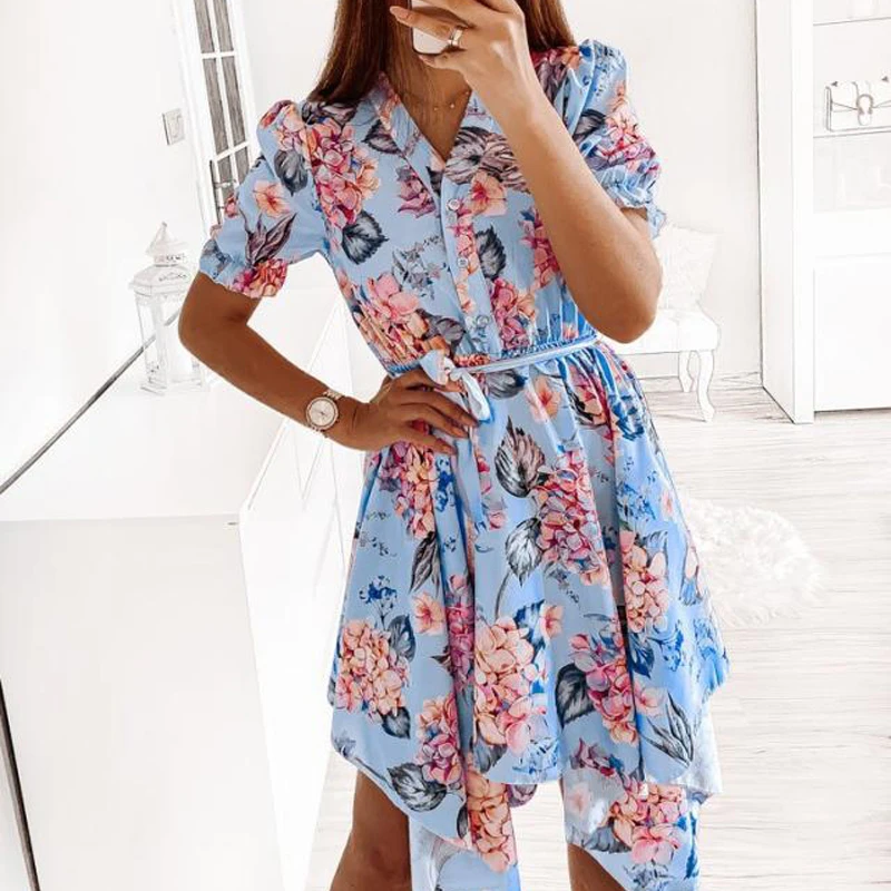 

O-Neck Summer Floral Printed Bohemian A-Line Dress Fashion 2021 New Black Mini Dress 2XL 2021 Chiffon Women Short Sleeve G2746
