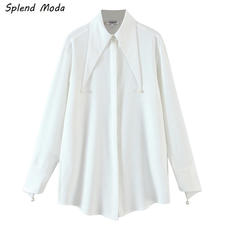 

Женская Повседневная рубашка, белая однобортная Свободная рубашка средней длины с отложным воротником и жемчужинами, весна-осень 2021