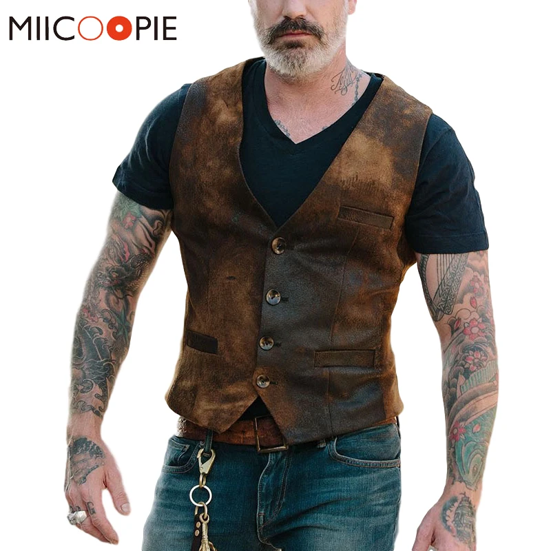 Жилет мужской однобортный из искусственной кожи винтажная Повседневная куртка