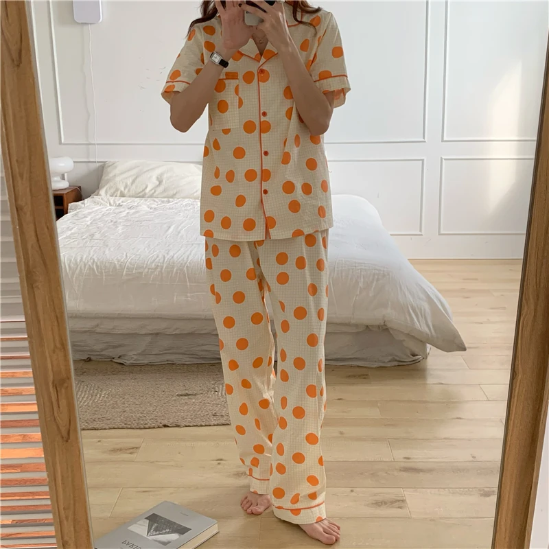 

Harajpee Korean Chic Polka Dot Pajamas Women Spring and Summer Cotton Short Sleeve Trousers Student Small Fresh Plaid Home Suit