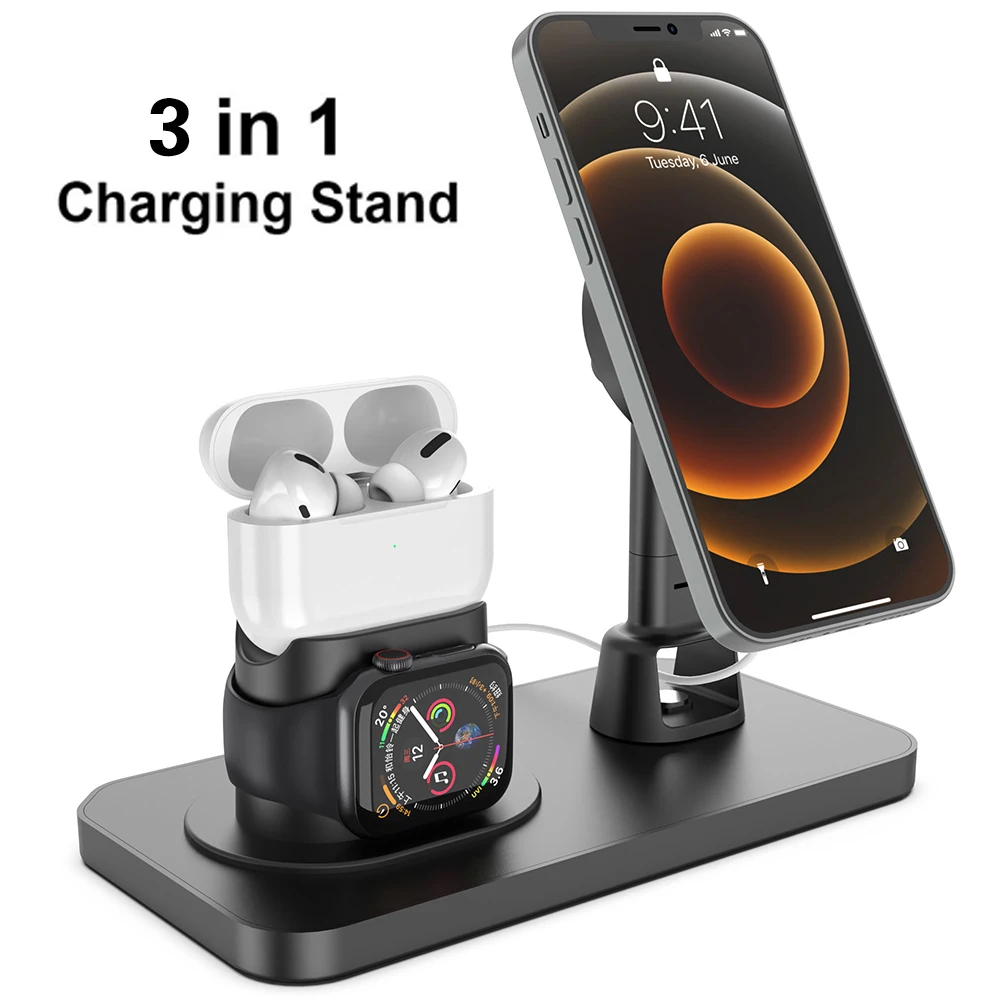 Настольная зарядная док станция 3 в 1 для AirPods Pro 1/2 подставка Apple Watch iPhone 12/12 Pro/12 Max