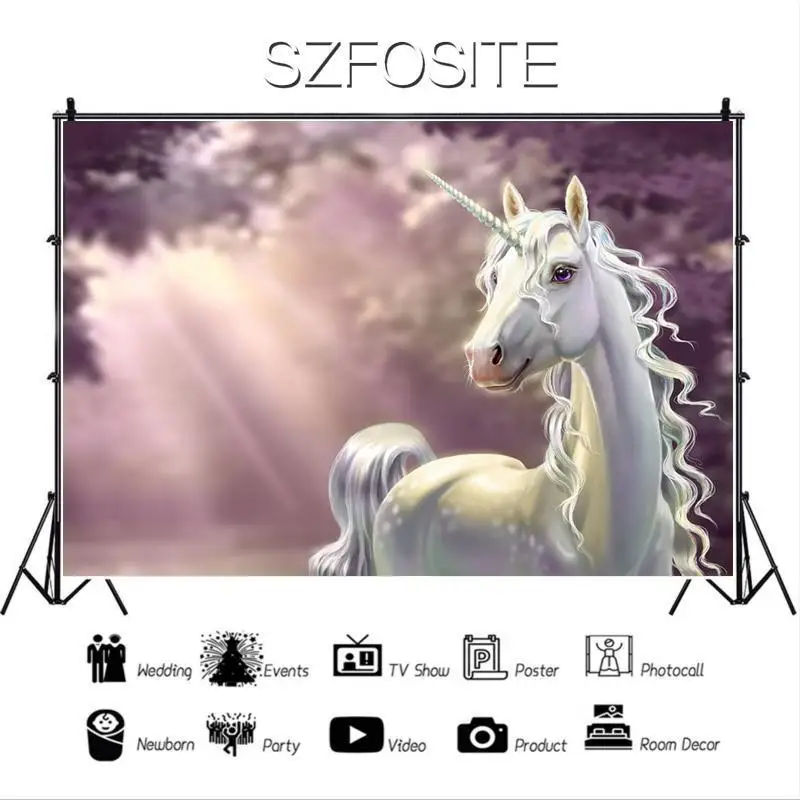 

Милая Белая Лошадь Единорог романтический розовый светящийся фон для девочек день рождения украшение для комнаты фотография дети Виниловы...