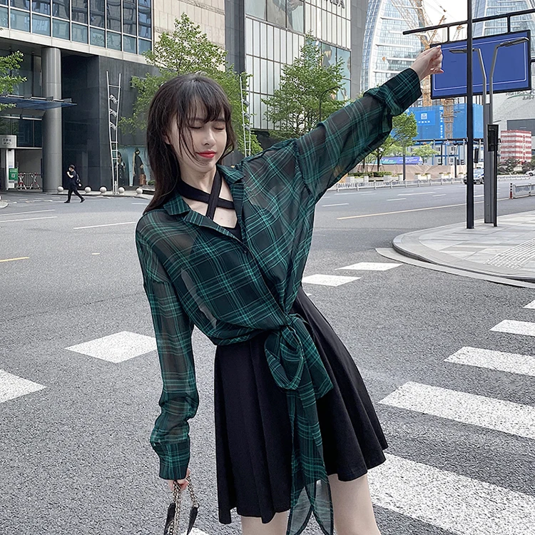 

Cardigan Transparent Irregular Lady Loose Blouses Gothic Plaid Chiffon Girl Thin Blouse Sun Protect Long Korean Fashion Clothes