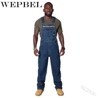 wepbel rompers with pocket men casual loose straight straps men jumpsuit long pants denim jeans