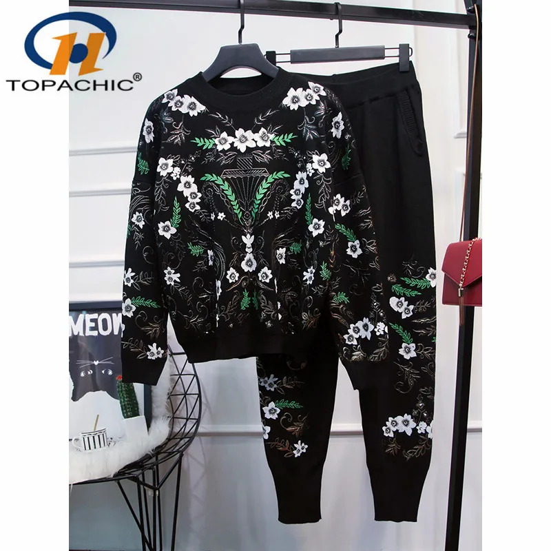 9.19 2019 Autumn Winter New women flower print long sleeve knitted sweaters coat + casual pants two-piece set | Женская одежда