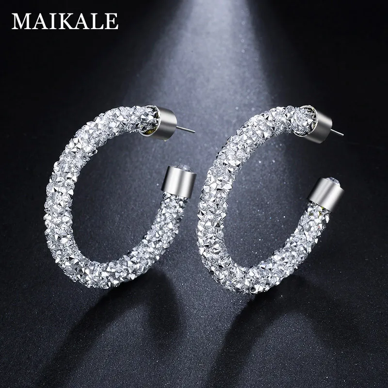 SILVER MAIKALE большие с-образные серьги-кольца для девочек с австрийскими стразами Серебристые модные ювелирные изделия блестящие круглые серьги со стразами для женщин - Окраска металла: SILVER