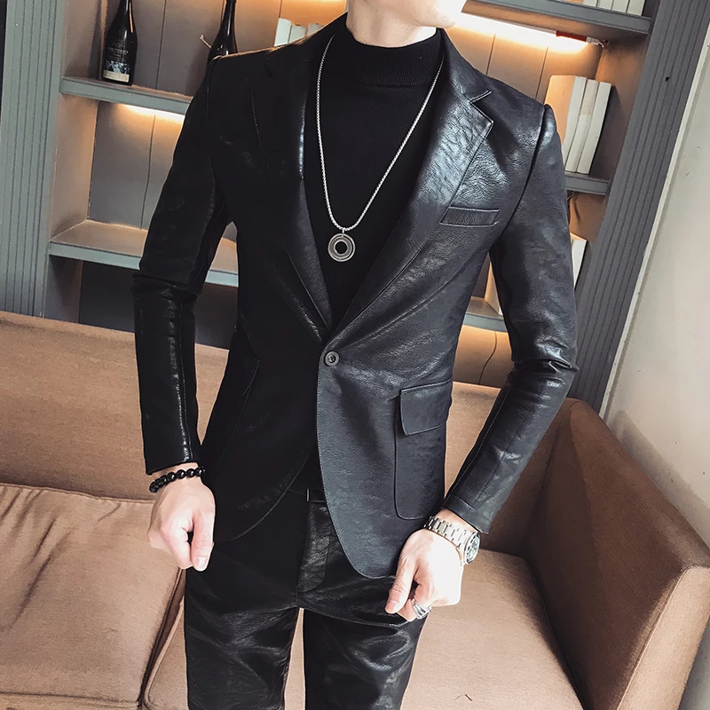 

2021Net celebrity hot style fashion slim best-selling solid color PU leather long-sleeved leather suit