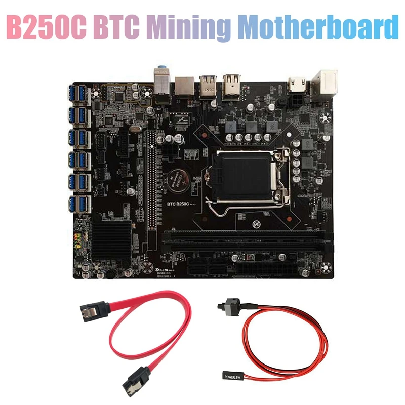 

B250C BTC Mining Motherboard With SATA Cable+ Switch Cable 12XPCIE To USB3.0 GPU Slot LGA1151 Support DDR4 DIMM RAM