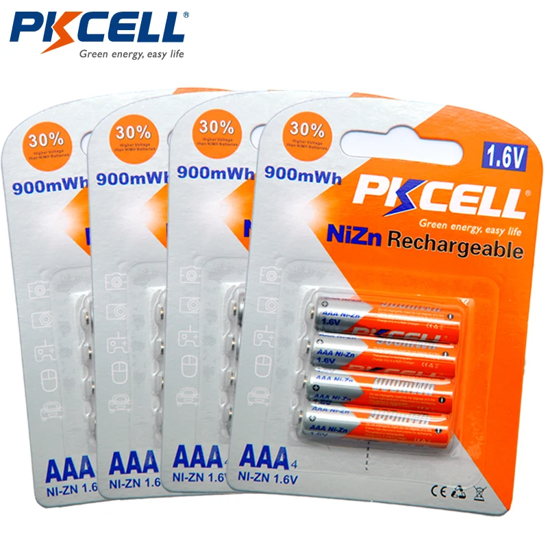 

4Pack/16Pcs PKCELL 1.6V AAA Batteries 900mWh Ni-Zn AAA Rechargeable Battery Bateria Baterias