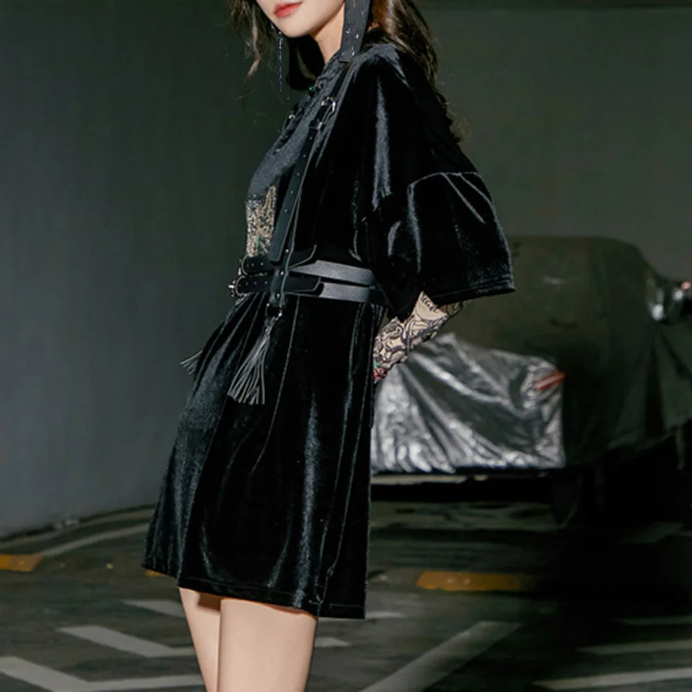 

Gothic Women Dress Fashion Hipster Designer Creative Thin Simple Hot Sale Golden Velvet Loose Casual Embroidery Stand-up Collar