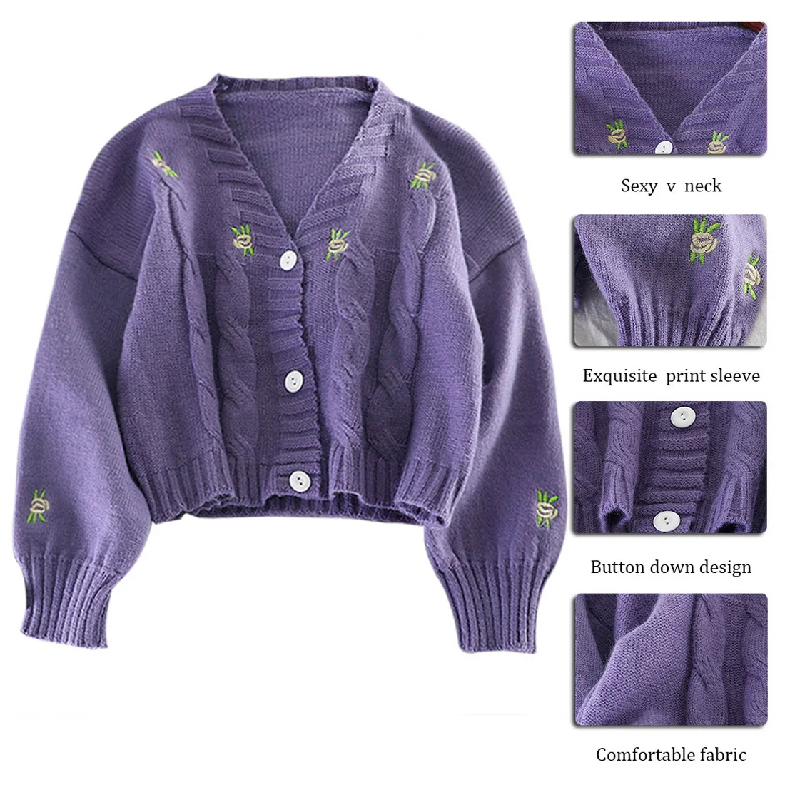 

Adisputent Korean V Neck Lantern Long Sleeve Knitted Cardigans Female Embroidery Solid Single Breast Short Sweater Coat Autumn