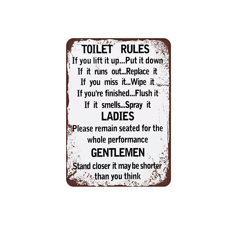Toilet rules VIP Lounge Жестяная Табличка, металлическая табличка для домашнего декора, настенная живопись для магазина, гаража, паба, кафе, Matal, ремесло, бара, настенная живопись 30x20 см A264 - Цвет: Toilet rules