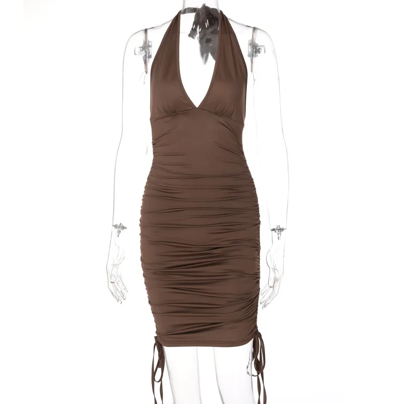 

2021 new summer sexy sleeveless V-neck lace halter drawstring dress