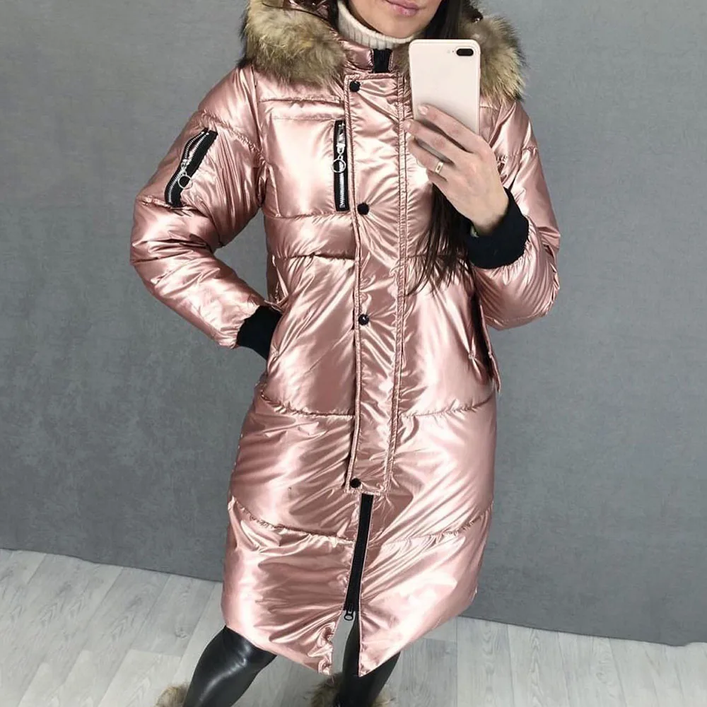 Женский пуховик с капюшоном из искусственного меха ярко розовый зимний большого