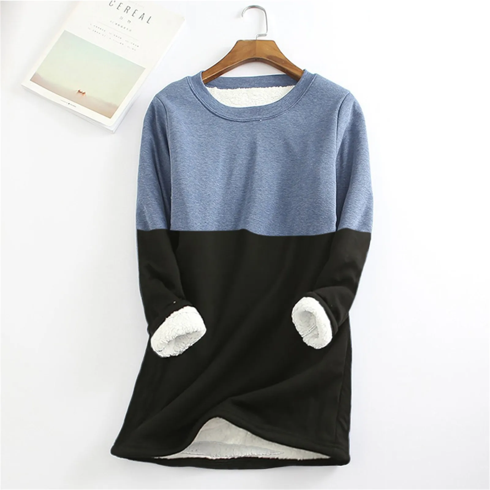 Long Thick Stitching Solid Color Round Neck Sweater Women's Fleece Matching Sweatshirt Warm Underwear Fashion Top | Женская одежда
