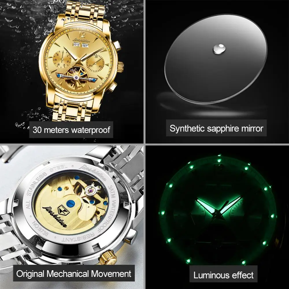 

Gentleman men mechanical wristwatches automatic watch luxury brand mens steel watch chronograph watch gold calendar Luminous