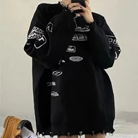deeptown gothic streetwear vintage letter printing sweater women knitted punk oversize long sleeve jumper round neck pullover