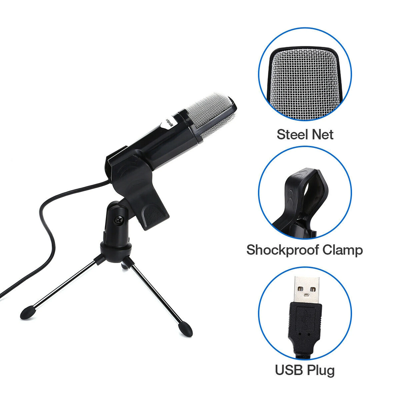 

PC Microphone Plug-and-Play USB Condenser Studio Recording Mic W/ Tripod Stand