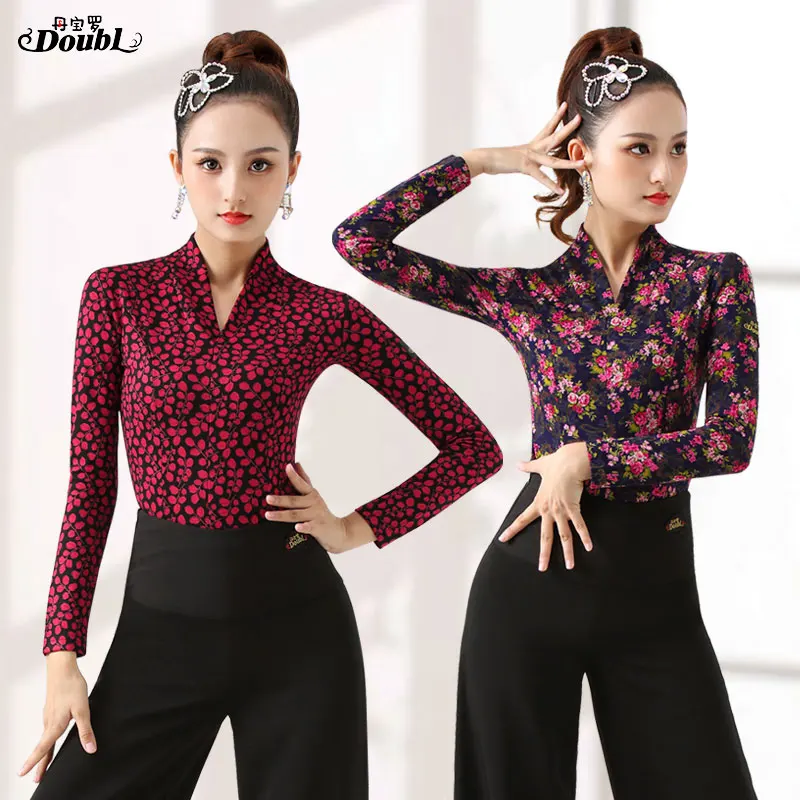 

Топ для современных танцев DOUBL, Женский Топ с длинным рукавом для танцев и общественных танцев, chacha Румба, самба танец, футболка, тренировочн...