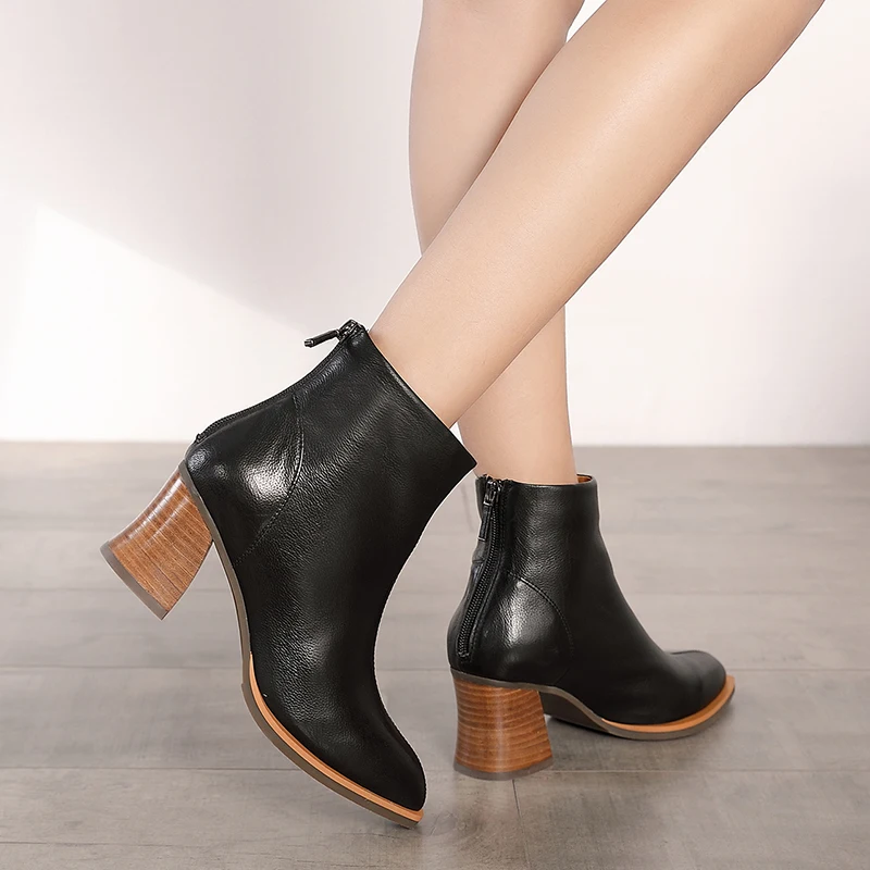 

Cowhide Leather Shoes Lady Short Booties Genuine Leather Zipper Block High Heels Women Ankle Boots Black for 2019 Winter Autumn