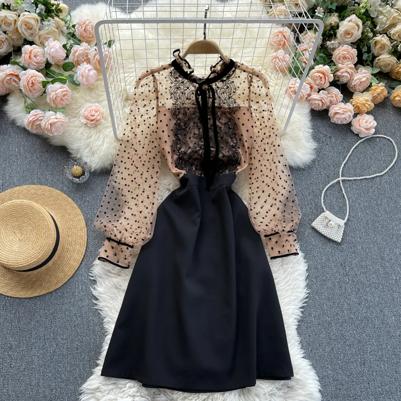 

Elegant dress 2021 new ear collar wave dot mesh bubble sleeve waist slim A-line dress