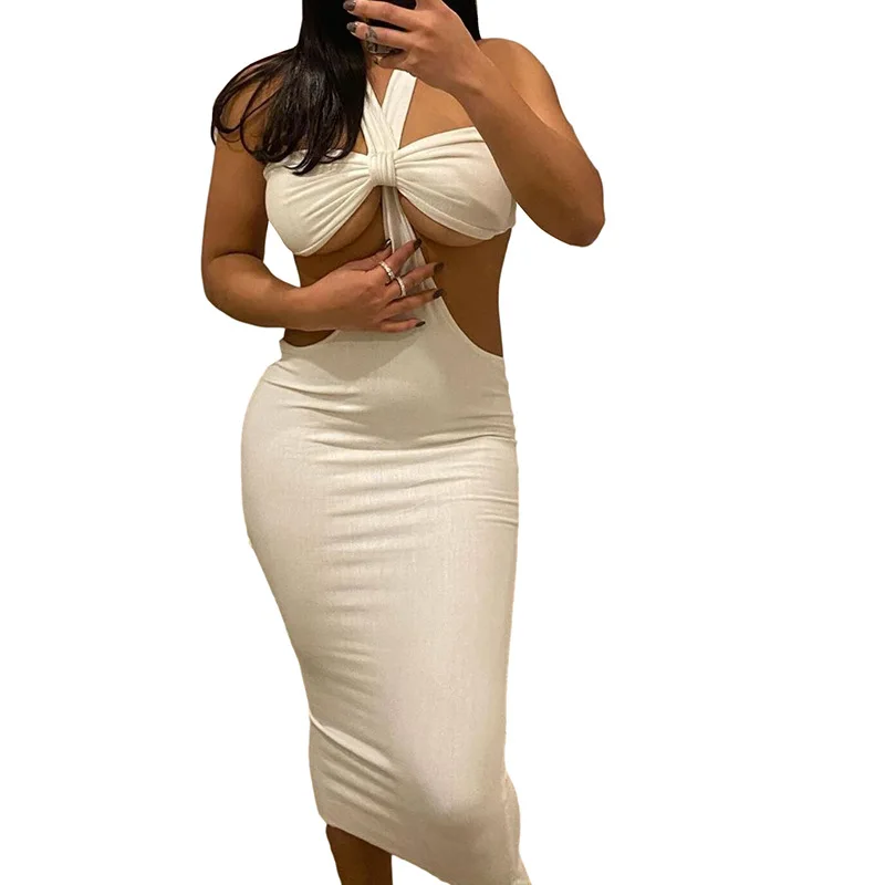 

Sexy White Summer Dress Robe Longue Maxi Dress Women Femme Party Neck-Mounted Backless Skinny Aesthetic Korean Fashion Clothing