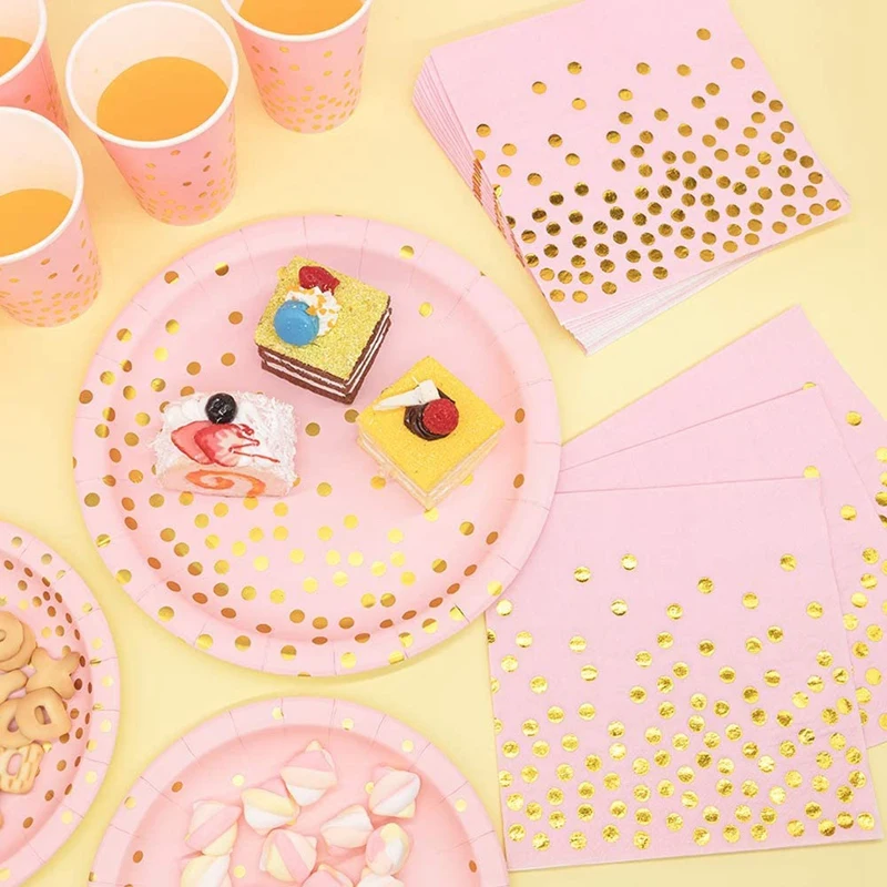 

200 Pcs Of Pink Paper Plate Disposable Tableware Set Golden Dot Dinner/Dessert Plate Cup Cocktail Napkin for Birthday