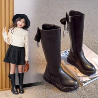new autumn winter childrens long boots kids girls high tube plus velvet long boots pu leather black bow zip princess boots shoe