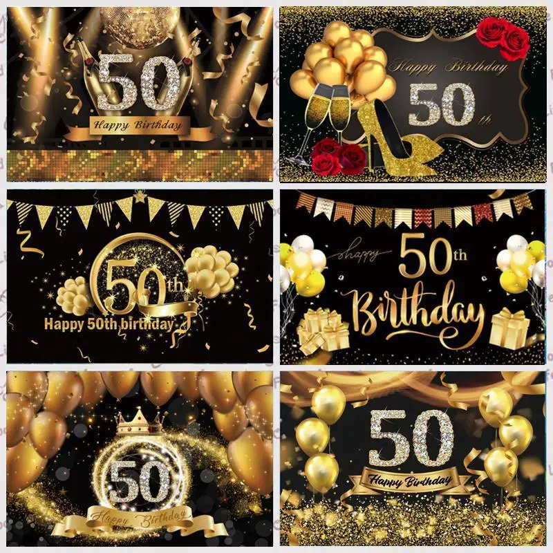 

50th Backdrop Black Glod Adult Happy Birthday Party Customize Curtain Photography Background For Photo Studio